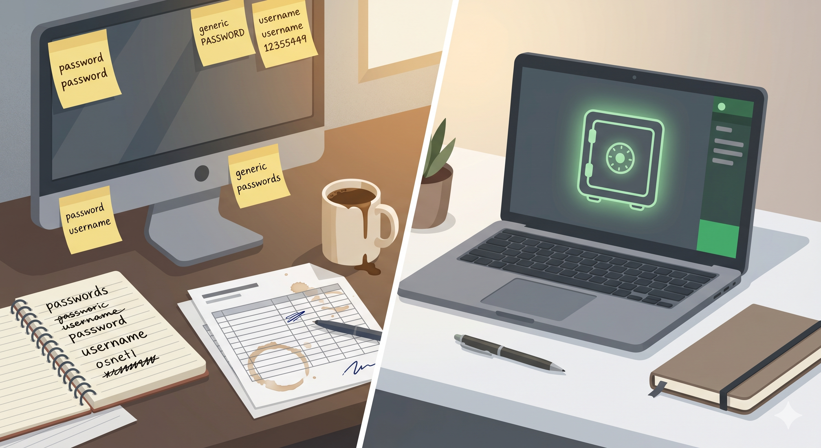 A cluttered desk with post-it note passwords on one side contrasted with a clean workspace and a digital vault on the other