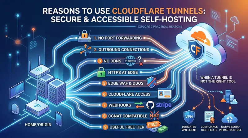 A diagram illustrating how Cloudflare Tunnel works, showing a local service connected outbound to Cloudflare's edge network, with traffic flowing securely between them